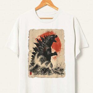 Vintage White Graphic Godzilla Tee with Red Sun